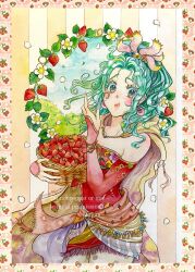  1girl bare_shoulders basket blush cape chewing cowboy_shot dress earrings falling_petals final_fantasy final_fantasy_vi flower food fruit fruit_basket gold_trim green_eyes green_hair hair_bobbles hair_ornament hair_ribbon highres holding holding_basket jewelry long_hair looking_at_viewer mayim pantyhose parted_bangs petals pink_ribbon ponytail print_pantyhose red_dress red_sleeves ribbon solo strapless strapless_dress strawberry terra_branford traditional_media tube_dress white_flower white_petals yellow_cape 