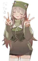  ... 1girl 50-nin_craft absurdres aegyo_sal beanie black_skirt blush blush_stickers buttons character_name closed_eyes contrapposto double_v facing_viewer frog_hat furrowed_brow green_hat green_sweater green_vest grey_hair hands_up hat head_tilt highres long_hair minecraft_youtube miniskirt namegata nervous_smile open_mouth pleated_skirt senataro shiny_skin simple_background skirt smile solo standing sweater thigh-highs turtleneck turtleneck_sweater v vest w_arms white_background white_thighhighs zettai_ryouiki 