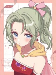  1girl blue_eyes blush border cape commentary_request dress final_fantasy final_fantasy_vi green_hair grid_background heart heart-shaped_pupils high_ponytail highres looking_at_viewer open_mouth outside_border pink_border ponytail red_dress solo sparkle strapless strapless_dress symbol-shaped_pupils terra_branford watermark yellow_cape yua_666666 