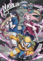  1girl 3boys bandaged_leg bandages bike_shorts black_hair black_shirt blonde_hair blue_eyes blue_hairband blue_headband blue_shirt breasts chain closed_eyes copyright_name dress facial_mark fingerless_gloves flute full_body furrowed_brow gloves green_eyes green_vest grey_hair hairband haruno_sakura hatake_kakashi headband highres instrument jumpsuit knife_in_mouth kunai long_hair mask medium_breasts miwokirihana mouth_mask multiple_boys music naruto_(classic) naruto_(series) one_eye_closed open-toe_shoes orange_jumpsuit parted_bangs pelvic_curtain pink_hair playing_flute playing_instrument red_dress scroll shirt short_hair short_sleeves shorts shorts_under_dress sign smoke spiky_hair standing team_7_(naruto) twitter_username uchiha_sasuke uzumaki_naruto vest weapon whisker_markings white_arm_warmers white_shorts 