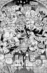  absurdres book breasts broom closed_mouth death_(entity) dracula edoya_inuhachi frankenstein's_monster greyscale grim_reaper halloween hat highres long_hair looking_at_viewer monochrome multiple_boys multiple_girls mummy open_mouth original pumpkin short_hair smile trick_or_treat tyrannosaurus_rex vampire witch_hat wolf 