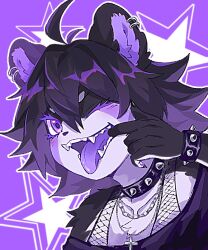  1girl ahoge androgynous animal_ears animal_hands bear_ears bear_girl black_fur black_hair chain chain_necklace claws collar colored_eyelashes colored_tongue commentary commission cross cross_necklace fishnet_top fishnets furry furry_female jewelry limited_palette looking_at_viewer medium_hair mouth_pull necklace neku_boo one_eye_closed original panda_ears panda_girl punk purple_background purple_theme purple_tongue sharp_teeth solo spiked_collar spikes teeth tongue tongue_out upper_body violet_eyes 