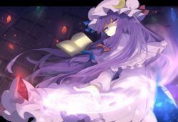  1girl blush book bow crescent crescent_hat_ornament dress floating floating_book floating_object frills hair_bow hat hat_ornament highres long_hair looking_at_viewer magic mob_cap mytakemogumogu patchouli_knowledge purple_hair ribbon solo touhou violet_eyes wings 