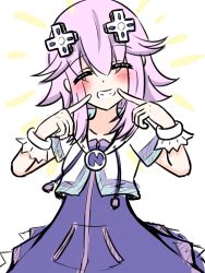  1girl absurdres blush closed_eyes d-pad d-pad_hair_ornament flat_chest hair_between_eyes hair_ornament highres hood hooded_jacket jacket neptune_(neptunia) neptune_(series) purple_hair short_hair sidelocks simple_background smile solo torikid10_i usb white_background 