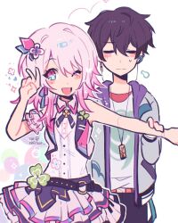  1boy 1girl ;d aoyagi_touya aoyagi_touya_(cosplay) bare_shoulders behind_another belt black_hair black_pants blue_eyes blush cat_(chiricat) closed_eyes closed_mouth clover_ornament collared_shirt commentary cosplay cowboy_shot cropped_vest dan_heng_(honkai:_star_rail) english_commentary flower grey_jacket hair_between_eyes hair_flower hair_ornament hanasato_minori hanasato_minori_(cosplay) hand_up highres holding_another&#039;s_wrist honkai:_star_rail honkai_(series) hood hood_down hooded_jacket idol_clothes itou_kent jacket layered_shirt layered_skirt long_sleeves looking_at_viewer march_7th_(honkai:_star_rail) medium_hair multicolored_eyes o-ring o-ring_belt ogura_yui one_eye_closed open_clothes open_jacket open_mouth open_vest outstretched_arm pants pink_eyes pink_hair project_sekai red_shirt shirt short_hair sidelocks simple_background single_arm_cuff single_bare_arm skirt sleeveless sleeveless_shirt smile sweatdrop twitter_username two-sided_fabric two-sided_jacket two-tone_eyes v very_short_hair vest voice_actor_connection white_background white_shirt white_skirt 