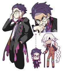  2boys absurdres adjusting_eyewear anger_vein angry arm_up arrow_(symbol) az_(pokemon) belt black-framed_eyewear black_belt black_coat black_pants blood blood_on_face bow bowtie braid buttons clenched_teeth closed_mouth coat collared_shirt corbeau_(pokemon) cropped_legs frown furious grin hair_over_one_eye hand_in_pocket highres holding holding_poke_ball lapels layered_sleeves long_hair long_sleeves looking_at_viewer male_focus multiple_boys multiple_views necktie nosebleed one_eye_covered pants parted_hair pinstripe_pants pinstripe_pattern pinstripe_vest poke_ball poke_ball_(basic) pokemon pokemon_legends:_z-a purple_hair purple_shirt red_pants red_vest round_eyewear sach56000 shirt shirt_tucked_in short_hair simple_background sleeve_cuffs smile standing tassel teeth very_long_hair vest white_background white_necktie wing_collar wiping_nose yellow_eyes 