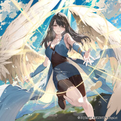  1girl absurdres angel_wings aura black_hair blue_arm_warmers blue_sky brown_streaks copyright_notice dissidia_duellum_final_fantasy dissidia_final_fantasy feathered_wings feathers final_fantasy final_fantasy_viii highres jewelry light_rays necklace necomi official_art outstretched_arm ring ring_necklace rinoa_heartilly shorts shorts_under_skirt skirt sky sleeveless_duster solo sunlight wings 
