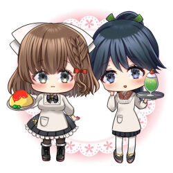  2girls adapted_costume apron asahi_(kancolle) black_hair black_hakama black_skirt boots braid brown_hair chibi collared_shirt dress_shirt drink food frilled_skirt frills grey_eyes hair_ribbon hakama hakama_skirt japanese_clothes kantai_collection kappougi kimono multiple_girls omelet omurice pantyhose pink_kimono ponytail poyo_teitoku ribbon shirt short_hair side_braid single_braid skirt white_apron white_pantyhose white_shirt 