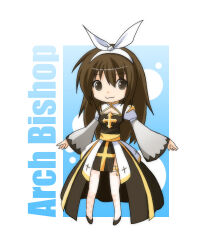  1girl :3 arch_bishop_(ragnarok_online) black_dress black_shoes bow bow_hairband bow_legwear brown_eyes brown_hair character_name chibi chibi_only cleavage_cutout closed_mouth clothing_cutout commentary_request cross dress fishnet_thighhighs fishnets full_body hairband juliet_sleeves long_hair long_sleeves looking_at_viewer lowres puffy_sleeves pyonnu_daruku ragnarok_online sash shoes smile solo standing thigh-highs two-tone_dress white_background white_bow white_dress white_hairband white_thighhighs yellow_bow yellow_sash 