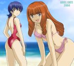  beach bikini blue_eyes blue_hair brown_eyes brown_hair ci_caprice erica_fontaine hanzou long_hair mell_raison ocean sakura_taisen sakura_taisen_iii short_hair side-tie_bikini swimsuit 