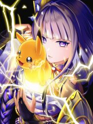  1girl arm_up armor between_breasts black_background blue_pupils blunt_bangs braid breasts bridal_gauntlets closed_mouth clothing_cutout commentary_request creature crossover electricity friends from_side genshin_impact glowing gradient_hair hair_ornament happy human_scabbard japanese_armor japanese_clothes kimono large_breasts long_braid long_hair looking_at_viewer looking_to_the_side mitsudomoe_(shape) mole mole_under_eye multicolored_eyes multicolored_hair neck_ribbon off_shoulder open_mouth parody pikachu pink_lips pokemon pokemon_(creature) powering_up pulling purple_hair purple_kimono purple_nails raiden_shogun red_ribbon red_sash ribbon sash shade shoulder_armor shoulder_cutout single_braid standing streaked_hair tomoe_(symbol) upper_body violet_eyes you_romu_77 