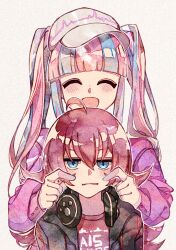  2girls :d ^_^ absurdres ahoge arched_bangs bang_dream! baseball_cap black_jacket blue_eyes blue_hair blush cardiogram_print cheek_pinching closed_eyes commentary facing_another facing_viewer film_grain flipped_hair front-to-back hair_between_eyes half-closed_eyes hands_on_another&#039;s_cheeks hands_on_another&#039;s_face hands_up hat headphones headphones_around_neck highres jacket jitome long_hair looking_at_viewer multicolored_hair multiple_girls nyubara_reona open_clothes open_jacket open_mouth outline parted_lips pinching pink_hair print_hat print_shirt purple_shirt rectangular_mouth red_shirt shirt smile tamade_chiyu text_print twintails two-tone_hair upper_body white_background white_hat white_outline yunonon 