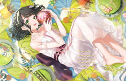  1girl andon back_bow ball bare_shoulders barefoot black_bow black_hair black_sash blueberry bow braid breasts cake candy chocolate chocolate_bar collarbone dated dress elbow_gloves flower flower_knot food fork frilled_gloves frills fruit full_body game_cg gloves green_eyes high_heels highres holding holding_ball lace lace_gloves lens_flare link!_like!_love_live! looking_at_viewer love_live! lying matcha_(food) medium_breasts momose_ginko momose_ginko_(17th_birthday) nerikiri non-web_source obi obijime official_art on_side raspberry sash shoes short_hair side_braids sideways solo strapless strapless_dress strawberry strawberry_slice table_knife temari_ball unworn_shoes virtual_youtuber wagashi white_dress white_flower white_gloves white_shoes 