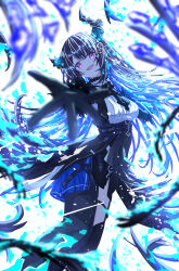  1girl absurdres black_gloves black_hair black_necktie black_skirt black_sleeves black_thighhighs black_vest broken_horn collared_shirt demon_horns fur-trimmed_sleeves fur_trim gloves highres hololive hololive_english horns long_hair looking_at_viewer mole mole_under_eye necktie nerissa_ravencroft nerissa_ravencroft_(1st_costume) open_mouth outstretched_hand shirt skirt smile solo tatsunami1379 thigh-highs thigh_strap very_long_hair vest violet_eyes virtual_youtuber white_shirt 
