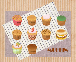  cheese chocolate_chip chocolate_chip_muffin chocolate_muffin commentary_request cream_muffin english_text food food_focus fried_egg fruit green_tea_(flavor) green_tea_muffin huu_cocoray muffin muffin_sandwich no_humans original sliced_cheese star-shaped_food star_(symbol) strawberry strawberry_muffin strawberry_slice striped_background sweets 