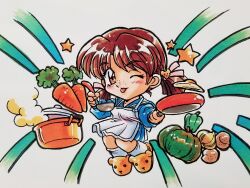  1girl :p adachi_taeko animal_slippers apron bear_hair_ornament bear_slippers bell_pepper blue_sailor_collar blue_serafuku blue_shirt blue_skirt brown_eyes brown_hair carrot chibi chibi_only closed_mouth commentary_request cooking_pot food frying_pan hair_ornament hair_ribbon hands_up highres holding holding_frying_pan holding_ladle kokomahi ladle looking_at_viewer low_twintails official_art omelet one_eye_closed onion pink_ribbon pleated_skirt potato ribbon sailor_collar school_uniform sentimental_graffiti serafuku shirt short_hair short_twintails skirt slippers smile socks solo squash star_(symbol) steam tongue tongue_out traditional_media twintails white_apron white_socks 