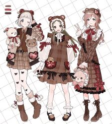  3girls alternate_costume ankle_boots bag belt beret blue_eyes boots brown_dress brown_eyes brown_hair brown_skirt commentary cross-laced_clothes dress frilled_dress frills full_body gakuen_idolmaster handbag hat highres himesaki_rinami idolmaster jacket katsuragi_lilja knee_boots kuramoto_china leg_warmers long_hair long_sleeves looking_at_viewer mary_janes mimiss_33 multiple_girls one_eye_closed pantyhose plaid_clothes plaid_dress plaid_skirt pleated_skirt puffy_long_sleeves puffy_sleeves red_ribbon ribbon shoes short_hair skirt smile stuffed_animal stuffed_toy symbol-only_commentary teddy_bear v white_hair white_pantyhose 