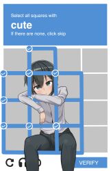  1girl absurdres akts625 androgynous arm_rest belt black_hair black_pants blue_eyes breasts brown_belt captcha closed_mouth collared_shirt commentary dot_mouth dress_shirt english_text grey_background grid hair_between_eyes head_rest head_tilt highres kino_(kino_no_tabi) kino_no_tabi long_sleeves looking_at_viewer pants raised_eyebrows romaji_commentary shirt short_hair simple_background sitting small_breasts solo tomboy user_interface very_short_hair white_shirt 