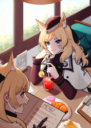  animal_ear_fluff animal_ears arknights armor aunt_and_niece blemishine_(arknights) blonde_hair blue_eyes booth_seating brown_eyes cape fur-trimmed_armor fur_trim garrison_cap hat highres holding holding_menu horse_ears horse_girl horse_tail implied_extra_ears kazimierz_logo menu restaurant supershrimpcakes tail whislash_(arknights) white_cape 