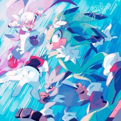  1girl 2boys beak bird blue_background constellor goggles goggles_on_head group_picture hoverboard jet_the_hawk multiple_boys signature sonic_(series) sonic_riders_(series) 