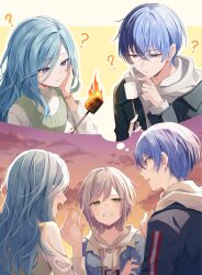  1boy 2girls ? aoyagi_touya blue_eyes blue_hair bracelet clenched_teeth closed_mouth commentary_request drawstring fire food green_eyes grey_hair hands_up highres hinomori_shiho hinomori_shizuku holding holding_stick hood hood_down hoodie jewelry long_hair long_sleeves looking_at_another marshmallow mole mole_under_eye mole_under_mouth multicolored_hair multiple_girls nervous_sweating open_mouth outdoors outstretched_hand parted_lips project_sekai short_hair speech_bubble split-color_hair stick sweat teeth thought_bubble two-tone_hair upper_body wanderlands_k 