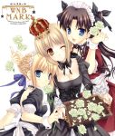  3girls artoria_pendragon_(all) black_dress crown cute dark_saber dual_persona fate/stay_night fate_(series) flower gothic_lolita happy hat lolita_fashion maid moe open_mouth ribbon rose saber saber_alter tatekawa_mako tohsaka_rin toosaka_rin wink wnb_mark 