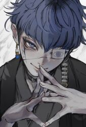  1boy amm_mi_dr black_collar black_hair black_haori blue_eyes blue_hair collar earrings eye_print eyepatch face_piercing facial_mark fingernails grey_kimono haori highres japanese_clothes jewelry kimono labret_piercing looking_at_viewer male_focus multicolored_hair omokage_yugamu own_hands_together piercing portrait print_eyepatch sharp_fingernails short_hair solo steepled_fingers the_hundred_line_-last_defense_academy- white_background 