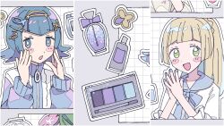  2girls :d :o absurdres alternate_costume blonde_hair blue_bow blue_bowtie blue_eyes blue_hair blue_jacket blue_nails blue_sailor_collar blush_stickers bow bowtie braid braided_ponytail bright_pupils cosmetics green_eyes grey_background hair_ornament hairclip highres jacket lana_(pokemon) lillie_(pokemon) looking_at_viewer makeup_palette multiple_girls nail_polish_bottle open_mouth pokemon pokemon_sm remoooon sailor_collar shirt short_hair simple_background smile upper_body white_pupils white_shirt 