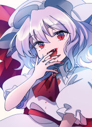  1girl :d ascot back_bow blood blood_on_clothes blood_on_face blood_on_hands bow brooch commentary_request covering_own_mouth fangs frilled_shirt_collar frills gem grey_hat grey_shirt hanada_hyou hand_over_own_mouth hat hat_ribbon highres jewelry looking_at_viewer mob_cap puffy_short_sleeves puffy_sleeves purple_hair red_ascot red_bow red_eyes red_gemstone red_ribbon remilia_scarlet ribbon shirt short_hair short_sleeves slit_pupils smile solo touhou upper_body white_background 