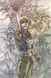  absurdres alcides_(fate) animal_ears argonauts_(fate) armor asclepius_(fate) atalanta_(fate) blonde_hair cat_ears dominic_ian_cabatit dress fate/grand_order fate_(series) gloves green_eyes heracles_(fate) highres holding holding_sword holding_weapon jason_(fate) jewelry long_hair looking_at_viewer male_focus medea_(fate) medea_lily_(fate) multiple_boys muscular muscular_male noble_phantasm_(fate) pointing_melee_weapon pointing_sword pointy_ears ponytail smile solo_focus sword very_long_hair weapon 