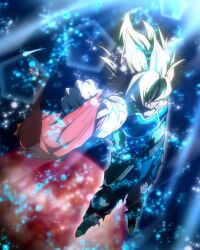  1boy bardock battle_damage blonde_hair bodysuit coyote_koyoharu dragon_ball dragon_ball_z full_body highres holding male_focus medium_hair partially_shaded_face saiyan_armor solo space super_saiyan super_saiyan_1 torn_bodysuit torn_clothes 