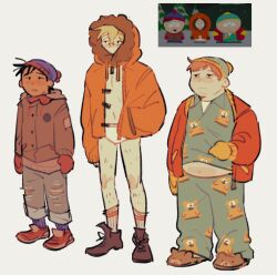  3boys animal_print animal_slippers bear_print bear_slippers black_eyes black_hair blonde_hair blue_hat blue_pajamas blue_pants blue_shirt boots brown_boots brown_hair brown_jacket brown_slippers buttons cartowka closed_mouth collared_shirt covered_mouth denim derivative_work english_commentary eric_cartman fat full_body fur-trimmed_hood fur_trim gloves grey_pants hair_between_eyes half-closed_eyes hand_in_pocket hat height_difference highres hood hooded_jacket jacket kenny_mccormick leg_hair long_sleeves male_focus male_underwear messy_hair multiple_boys open_clothes open_jacket open_mouth orange_jacket pajamas pants pom_pom_(clothes) puffy_long_sleeves puffy_sleeves purple_hat purple_socks red_gloves red_jacket red_shoes screenshot_redraw shirt shoes short_hair simple_background slippers socks south_park stan_marsh standing tan torn_clothes torn_pants underwear white_background white_male_underwear white_socks yellow_gloves 