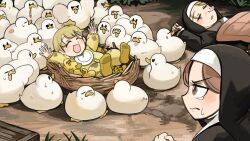  3girls :d aged_down baby baby_animal bird bird_nest blonde_hair brown_eyes brown_hair chicken clenched_hand closed_eyes clumsy_nun_(diva) diva_(hyxpk) duck duckling earthworm english_commentary highres hungry_nun_(diva) jealous little_nuns_(diva) mole mole_on_cheek multiple_girls nose_bubble nun short_hair sleeping smile strict_nun_(diva) tearing_up too_many traditional_nun 