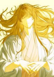 1boy bishounen brown_hair brown_kimono closed_eyes closed_mouth facing_viewer gintama grey_haori hair_spread_out haori hashtag-only_commentary highres janboo_1028 japanese_clothes kimono long_hair long_sleeves lying male_focus on_back own_hands_together solo upper_body yellow_background yellow_theme yoshida_shouyou 