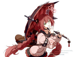  1girl 1other animal animal_on_back bingzhen_h2o black_hat black_sailor_collar braid braided_twintails cardigan charm_(object) collarbone covering_own_mouth green_eyes grin hair_ornament hair_ribbon hat hearing_aid highres holding holding_umbrella kamanosuke_(zenless_zone_zero) long_hair looking_at_viewer multiple_hair_ribbons pink_cardigan red_hair red_umbrella ribbon sailor_collar smile sphere_hair_ornament tanuki twintails ukinami_yuzuha umbrella white_background white_ribbon zenless_zone_zero 