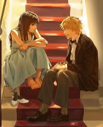 1boy 1girl barefoot black_bow black_bowtie black_eyes black_hair black_suit blonde_hair blue_dress bow bowtie chainsaw_man closed_mouth cup denji_(chainsaw_man) dress eananaia feet formal_clothes grey_pants grey_socks highres holding holding_cup jacket long_hair mitaka_asa pant_suit pants scene_reference shirt short_hair sitting sitting_on_stairs socks stairs suit suit_jacket white_shirt 
