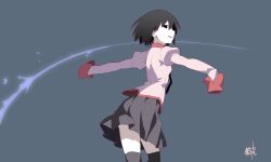  1girl artist_name black_eyes black_hair black_necktie black_skirt black_thighhighs bob_cut breasts commentary cowboy_shot empty_eyes from_side grey_background hair_between_eyes highres juliet_sleeves kikumaru_bunta long_sleeves looking_at_viewer looking_to_the_side monogatari_(series) motion_lines naoetsu_high_school_uniform necktie oshino_ougi outstretched_arms pale_skin parted_lips pink_shirt pleated_skirt puffy_sleeves red_trim school_uniform shirt short_hair signature skirt sleeves_past_fingers sleeves_past_wrists small_breasts smile spinning thigh-highs translated very_long_sleeves zettai_ryouiki 