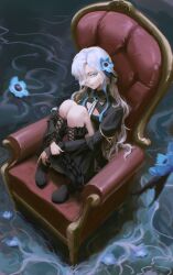  1girl absurdres armchair black_dress blue_eyes chair dress expressionless familiar flower full_body hair_flower hair_ornament hair_over_one_eye hayasi_kiri highres hugging_own_legs isekaijoucho kamitsubaki_studio lolita_fashion long_hair looking_at_viewer multicolored_hair sitting solo two-tone_hair water 