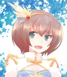  1girl arch_bishop_(ragnarok_online) blue_background blue_dress blue_eyes brown_hair cleavage_cutout clothing_cutout commentary_request cross dress feather_hair_ornament feathers hair_ornament kiriko looking_at_viewer open_mouth ragnarok_online short_hair smile solo star_(symbol) two-tone_dress upper_body white_background white_dress 