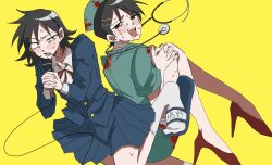  2girls aqua_dress bandaged_neck bandages black_eyes black_hair blazer blood blood_on_clothes blue_jacket blue_sandals blue_skirt blush cable collared_shirt commentary dress dress_shirt drooling fake_blood furrowed_brow futsuu_no_keion-bu green_eyes hair_ornament hairpin halloween_costume hat hatono_chihiro high_heels highres holding holding_microphone jacket kouyama_rin long_sleeves microphone mouth_drool multiple_girls name_tag neck_ribbon nurse nurse_cap official_alternate_costume own_hands_clasped own_hands_together pixie_cut pleated_skirt red_ribbon red_shoes ribbon sandals sanpaku school_uniform shirt shoes short_hair short_sleeves simple_background skirt slides socks stethoscope_around_neck sweat white_shirt white_socks wing_collar winter_uniform yellow_background yuyuyu19990926 