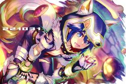  1boy animal_costume blue_eyes blue_hair dean_stark halloween halloween_costume looking_at_viewer male_focus nail_polish open_mouth smile solo wild_arms wild_arms_5 wolf_costume yuki_(yuki2061) 