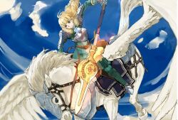  1girl blonde_hair braid feathers fire_emblem fire_emblem:_three_houses fire_emblem_warriors:_three_hopes flying green_eyes highres holding holding_polearm holding_weapon ingrid_brandl_galatea lance long_hair luin_(fire_emblem) nutori_manga pegasus polearm weapon 