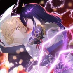  1boy 1girl aether_(genshin_impact) armor artist_name blonde_hair blunt_bangs blurry blurry_background braid bridal_gauntlets closed_mouth clothing_cutout couple curly_hair depth_of_field electricity english_commentary friends from_behind from_side genshin_impact glowing glowing_eyes glowing_hair gradient_hair hair_between_eyes hair_ornament hetero highres japanese_armor japanese_clothes kimono kusogametaku leaning_back leaning_forward light_particles long_braid long_hair looking_at_another looking_down looking_up mitsudomoe_(shape) mixed-language_commentary multicolored_hair off_shoulder parted_lips pinned powering_up purple_kimono raiden_shogun red_background red_sash sash scarf shade shaded_face shoulder_armor shoulder_cutout single_braid tomoe_(symbol) twitter_username upper_body violet_eyes white_scarf yellow_eyes 