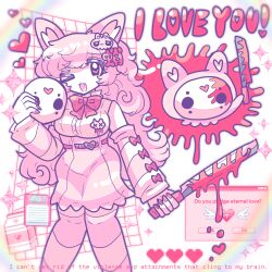  1girl ;d absurdres animal_ears blood blood_on_weapon bow bowtie breasts detached_sleeves english_text fang floppy_disk heart highres hockey_mask holding holding_machete holding_mask long_hair looking_at_viewer machete mask murasakigezi one_eye_closed open_mouth original over-kneehighs pink_hair pink_skirt rainbow red_bow red_bowtie red_nails skirt smile socks standing striped_clothes striped_sleeves striped_socks thigh-highs weapon yami_kawaii 