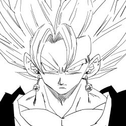  1boy 1rasutotoukou dragon_ball dragon_ball_z earrings greyscale highres jewelry medium_hair monochrome muscular muscular_male potara_earrings simple_background solo spiky_hair super_saiyan super_saiyan_1 upper_body vegetto white_background 