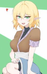  1girl absurdres black_shirt black_shorts blonde_hair blue_skirt blush breasts brown_shirt commentary_request feet_out_of_frame green_background green_eyes heart highres looking_at_viewer medium_breasts mizuhashi_parsee modo_paru open_mouth pointy_ears sash shirt short_hair short_sleeves shorts skirt smile solo touhou undershirt white_background white_sash 