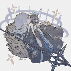  1girl artist_name black_dress black_gloves blue_eyes crown dress fate/grand_order fate_(series) gloves hair_between_eyes highres holding holding_polearm holding_weapon long_hair long_sleeves morgan_le_fay_(fate) morgan_le_fay_(queen_of_winter)_(fate) polearm ponytail simple_background sitting_on_throne solo throne two-tone_dress user_kpgg2357 veil very_long_hair weapon white_hair 