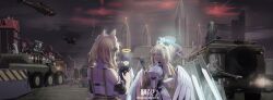  6+girls absurdres aircraft animal_ears armored_personnel_carrier armored_vehicle assault_rifle black_hair blonde_hair blue_archive blue_eyes building cat_ears character_request flares_(countermeasure) frills gun halo helicopter highres miliki motor_vehicle multiple_girls rifle weapon white_hair wings yellow_eyes zbl-08 