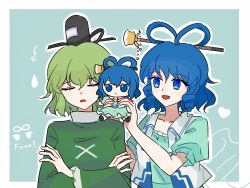  2girls blue_eyes blue_hair breasts dress earmuffs fumo_(doll) ghost_tail green_dress green_eyes green_hair grey_hair hair_ornament hair_rings hair_stick hat highres japanese_clothes kaku_seiga long_hair long_sleeves multiple_girls open_mouth ponytail ria_bnb shawl short_hair skirt smile soga_no_tojiko tate_eboshi touhou vest 