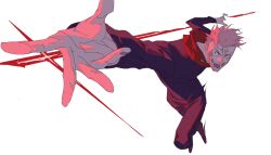  1boy black_jacket black_pants black_shoes facial_mark full_body furrowed_brow highres jacket jujutsu_kaisen jujutsu_tech_uniform kanknive male_focus open_mouth outstretched_hand pants pink_hair red_eyes ryoumen_sukuna_(jujutsu_kaisen) shoes short_hair smile solo undercut white_background wide-eyed 